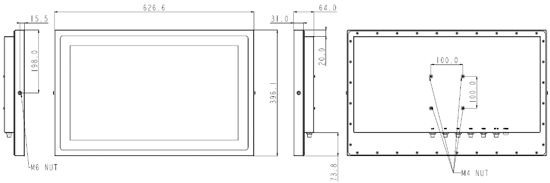 Dimensions du Panel PC totalement étanche IP66 et IP69K WTP-9G66-24 Wincomm
