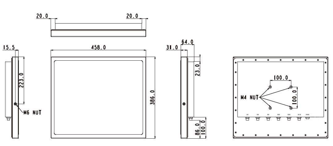 Dimensions du Panel PC waterproof IP66 et IP69K WTP-9G66-19 Wincomm