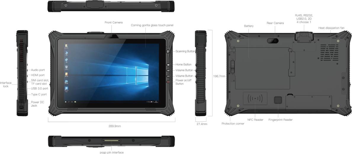 Caractéristiques de la tablette durcie Emdoor EM-I10J avec écran 10,1 pouces