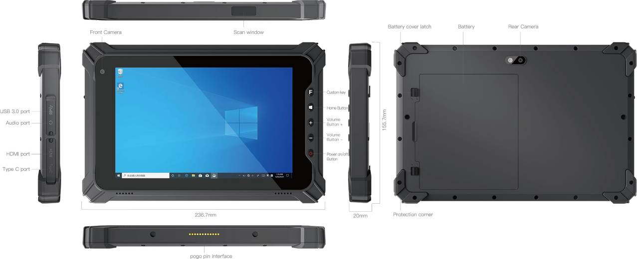 Caractéristiques et dimensions de la tablette PC durcie EM-I87J Emdoor avec écran 8 pouces | IP Systèmes